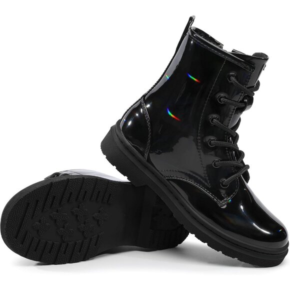 Girls Black Rubber Ankle Side Zipper Lace Up Stylish Comfort Glitter Boots - Picture 5 of 6